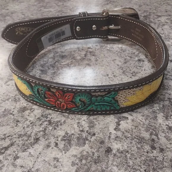 Circle Y Rising Sunflower Tooled Leather Belt Circle Y Rising Sunflower Filigree Belt- Western Belts main image 2